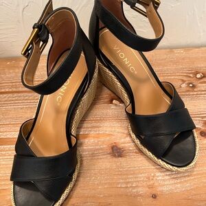 Vionic Black Espadrille Wedge Sandals
